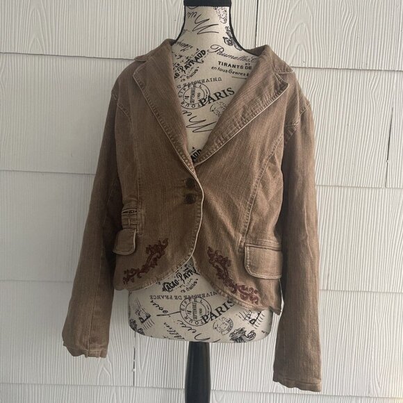 FDJ French Dressing Brown Embroidered Denim Look Short 2-button Blazer (TT) - Picture 1 of 13